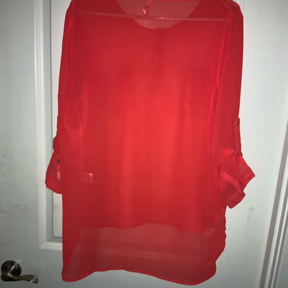 Neon orange - see through - 3 button w pockets blouse - size XL - HIGH LOW TUNIC - Picture 3 of 5